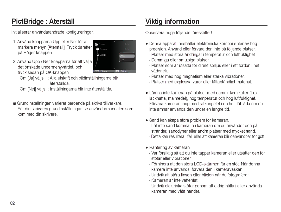 Samsung EC-ST50ZUBP/E2, EC-ST50ZBBP/E2, EC-ST50ZSBP/E2, EC-ST50ZRBP/E2 manual PictBridge Återställ, Viktig information 