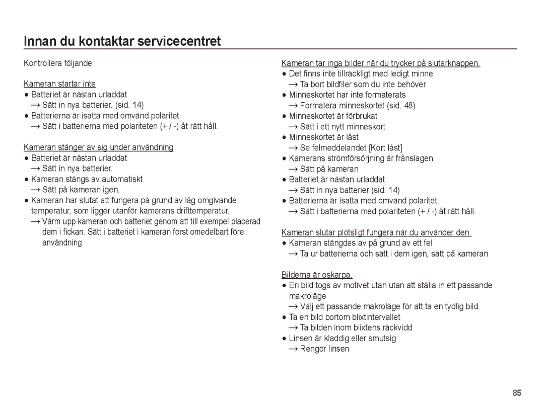 Samsung EC-ST50ZRBP/E2, EC-ST50ZBBP/E2, EC-ST50ZSBP/E2, EC-ST50ZUBP/E2 manual Innan du kontaktar servicecentret 