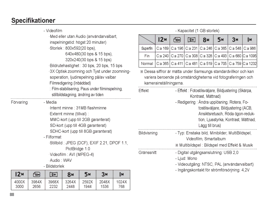 Samsung EC-ST50ZSBP/E2 Videofilm, Förvaring Media, ·Externt minne tillval, Filformat, PictBridge, ·Audio WAV, Bildvisning 