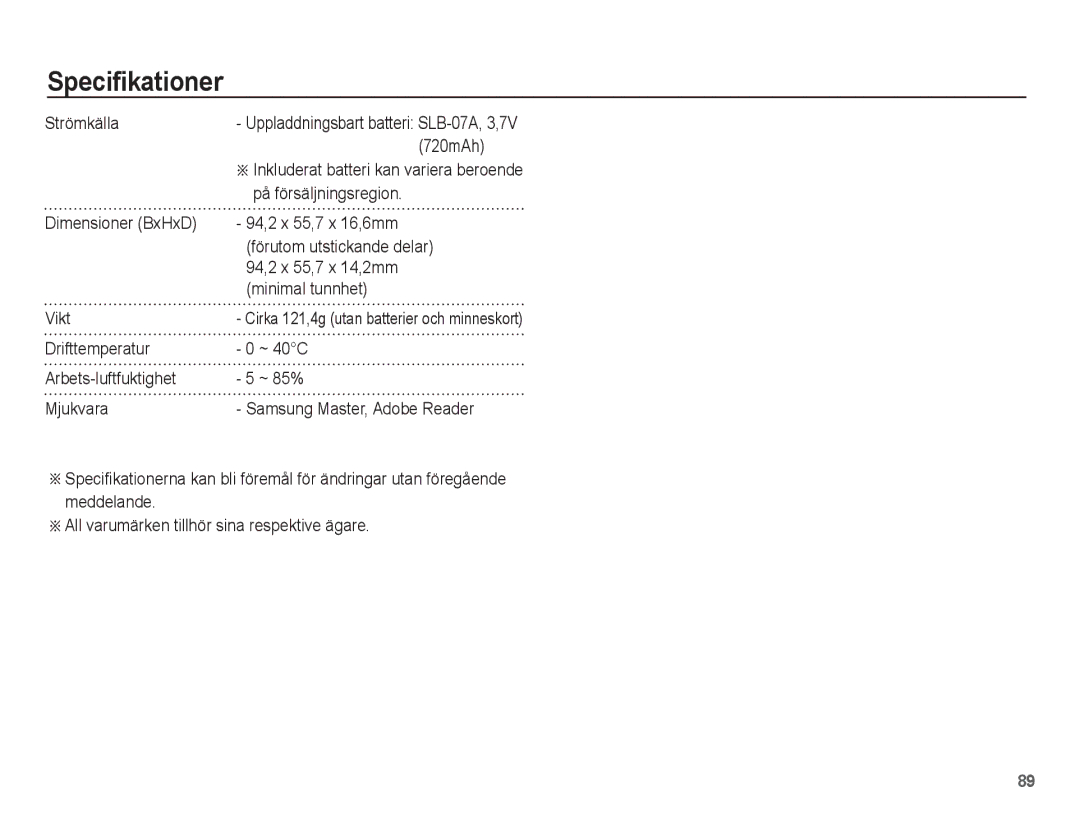 Samsung EC-ST50ZRBP/E2 Strömkälla, 720mAh, På försäljningsregion, 94,2 x 55,7 x 16,6mm, Förutom utstickande delar, Vikt 