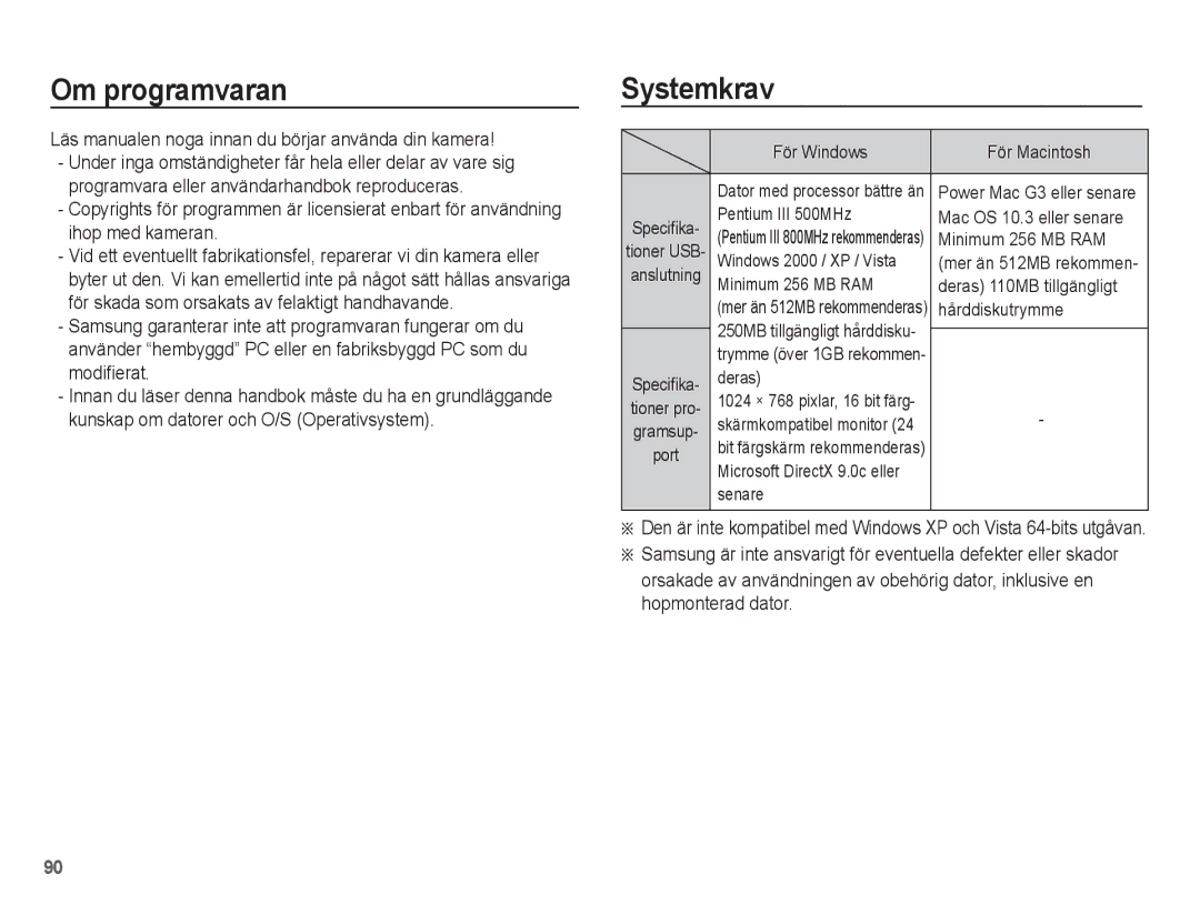 Samsung EC-ST50ZUBP/E2, EC-ST50ZBBP/E2 Om programvaran, Systemkrav, Läs manualen noga innan du börjar använda din kamera 