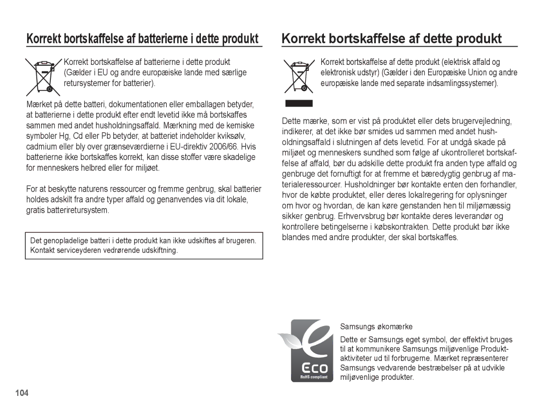 Samsung EC-ST50ZSBP/E2, EC-ST50ZBBP/E2, EC-ST50ZRBP/E2 manual Korrekt bortskaffelse af dette produkt, Samsungs økomærke 