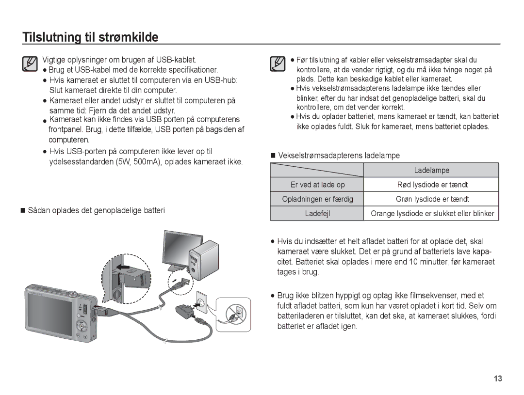 Samsung EC-ST50ZRBP/E2 manual Sådan oplades det genopladelige batteri, Vekselstrømsadapterens ladelampe, Ladelampe 