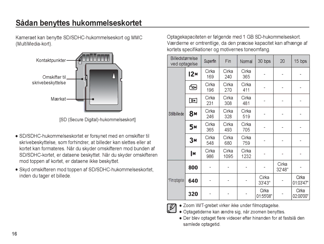 Samsung EC-ST50ZSBP/E2, EC-ST50ZBBP/E2 manual Ved optagelse, Mærkat SD Secure Digital-hukommelseskort, 015508 020000 