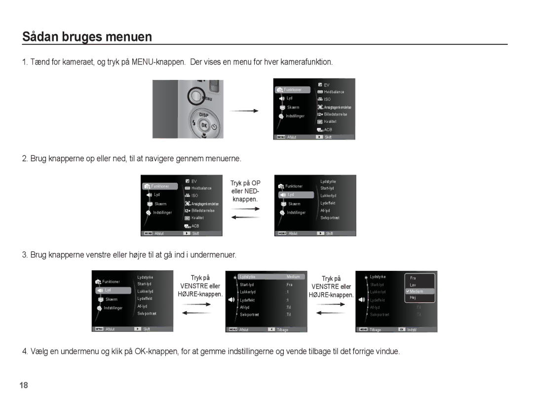 Samsung EC-ST50ZUBP/E2, EC-ST50ZBBP/E2 Sådan bruges menuen, Brug knapperne op eller ned, til at navigere gennem menuerne 