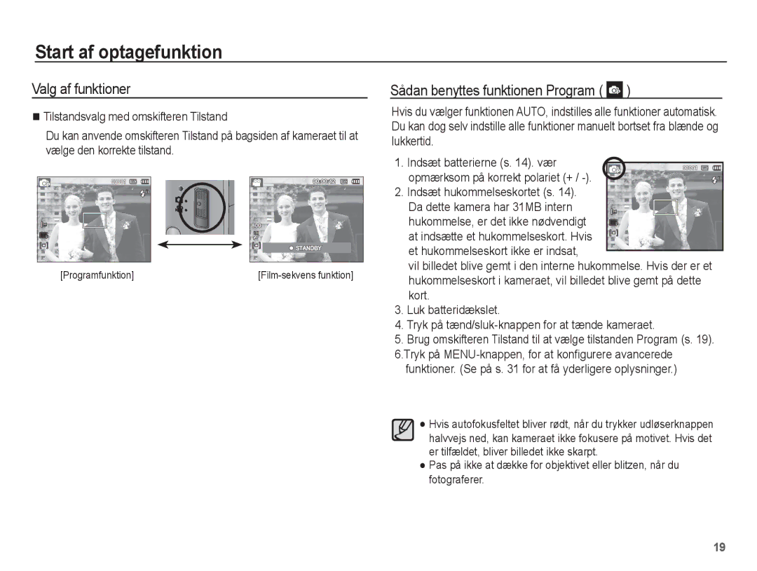 Samsung EC-ST50ZBBP/E2 Start af optagefunktion, Valg af funktioner, Sådan benyttes funktionen Program, Programfunktion 