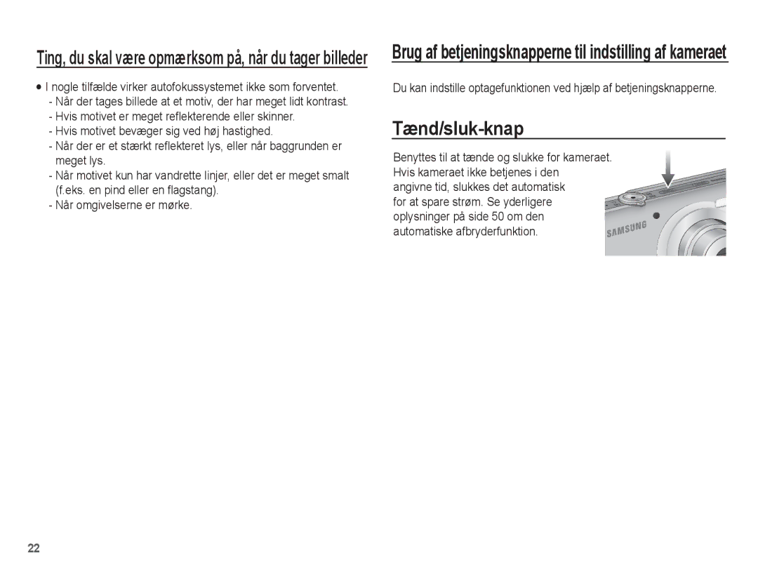 Samsung EC-ST50ZUBP/E2, EC-ST50ZBBP/E2 manual Tænd/sluk-knap, Nogle tilfælde virker autofokussystemet ikke som forventet 