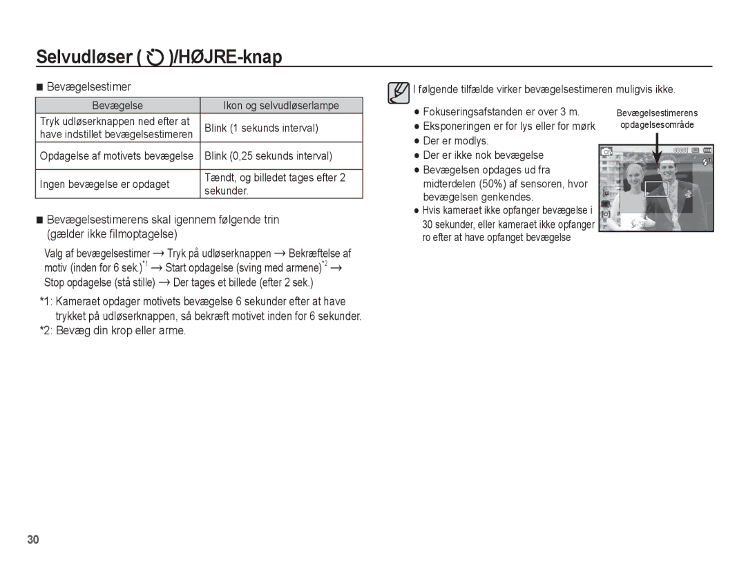 Samsung EC-ST50ZUBP/E2, EC-ST50ZBBP/E2 manual Bevægelsestimer, Gælder ikke ﬁlmoptagelse, Der tages et billede efter 2 sek 