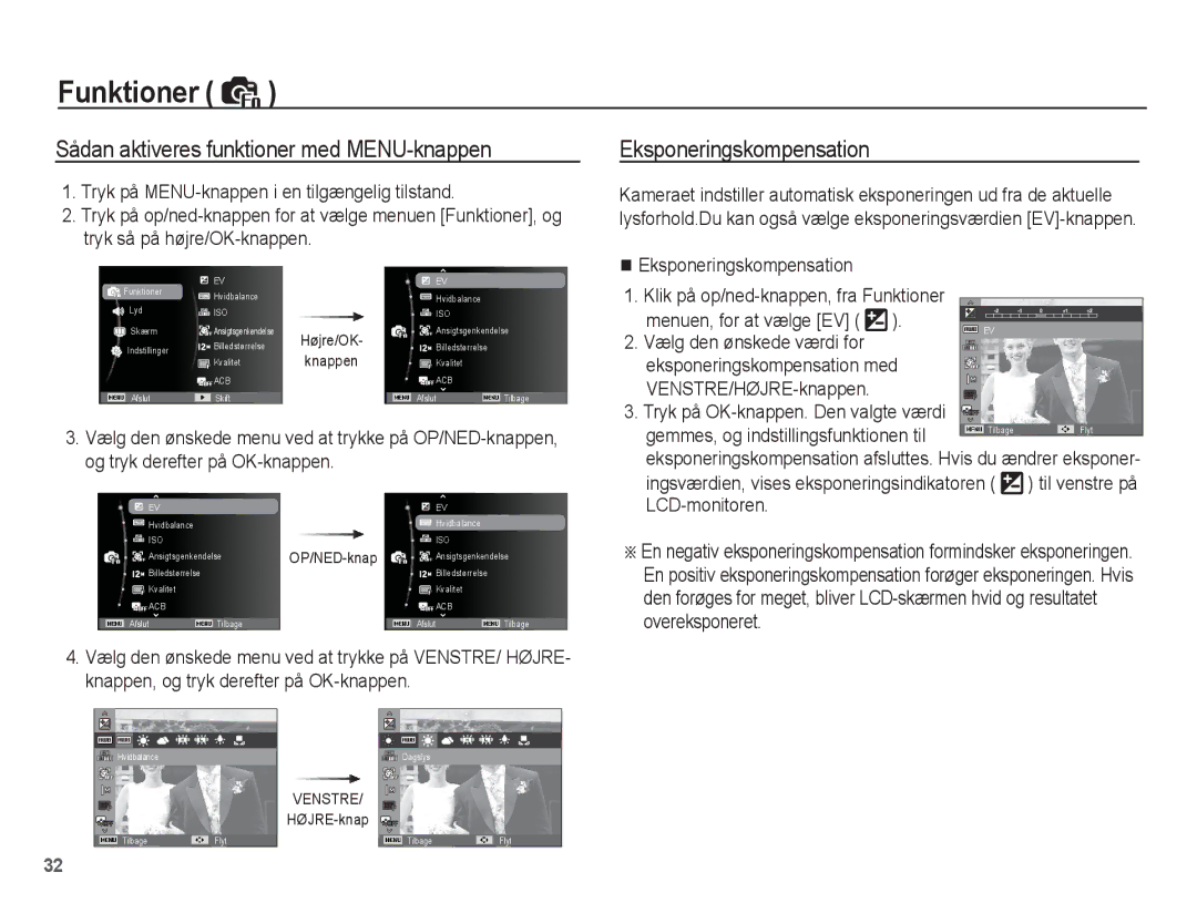 Samsung EC-ST50ZSBP/E2, EC-ST50ZBBP/E2, EC-ST50ZRBP/E2 Eksponeringskompensation med, Gemmes, og indstillingsfunktionen til 