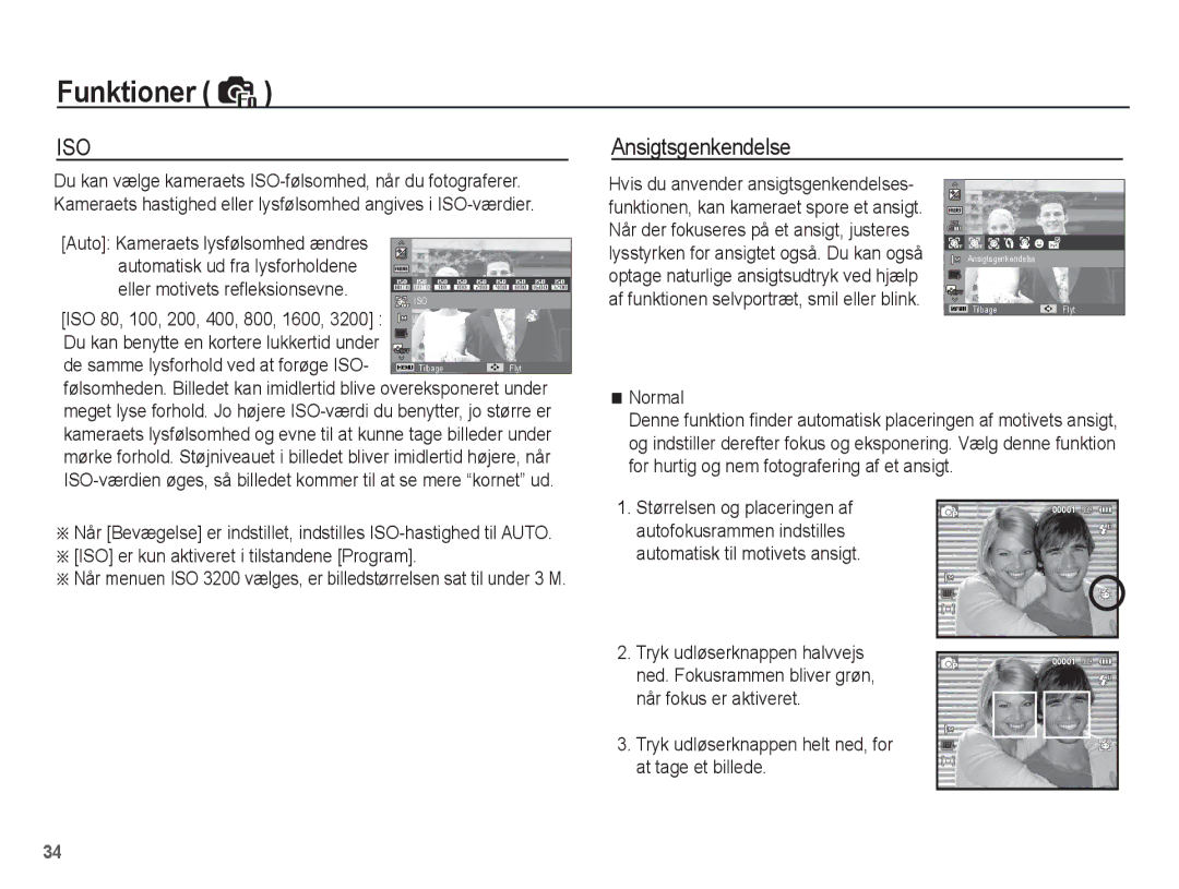 Samsung EC-ST50ZUBP/E2, EC-ST50ZBBP/E2 manual Ansigtsgenkendelse, ISO er kun aktiveret i tilstandene Program, Normal 