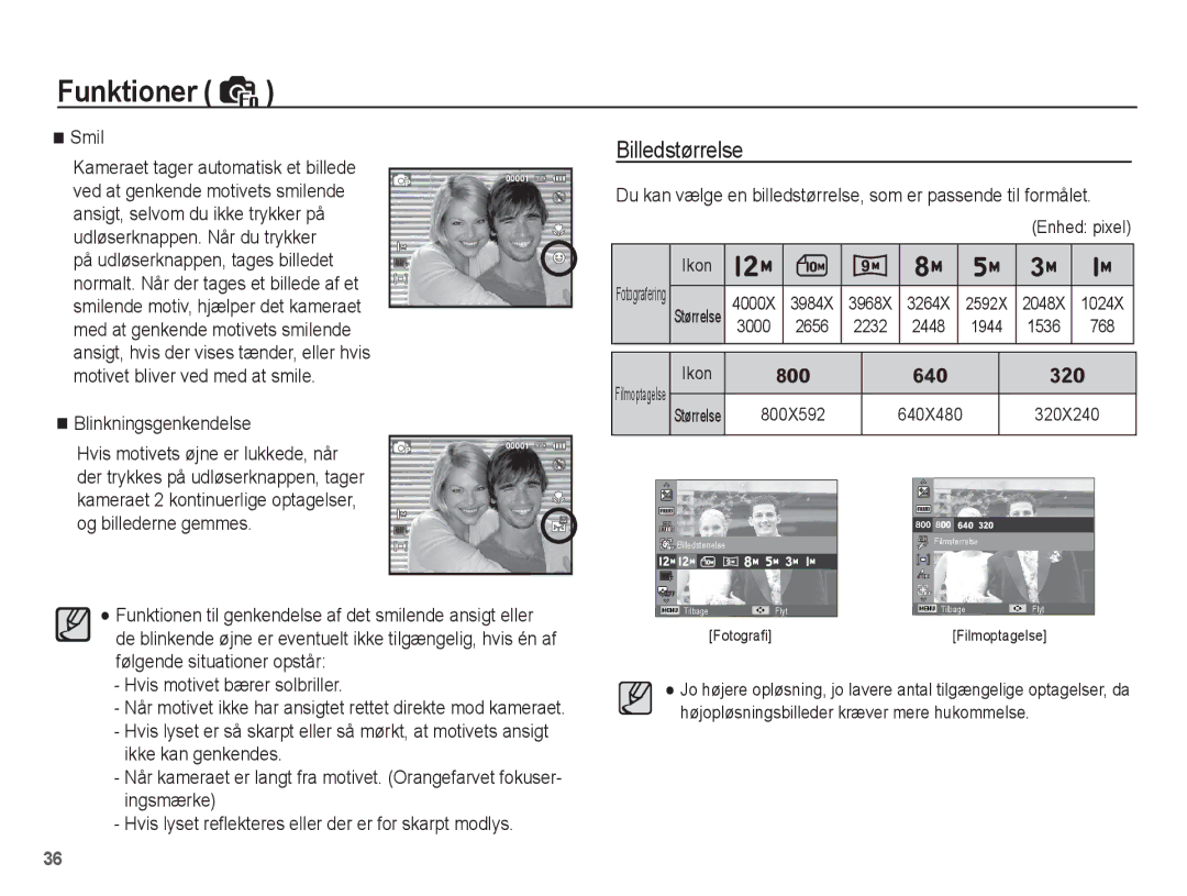 Samsung EC-ST50ZSBP/E2, EC-ST50ZBBP/E2, EC-ST50ZRBP/E2, EC-ST50ZUBP/E2 manual Billedstørrelse, Smil, Blinkningsgenkendelse 