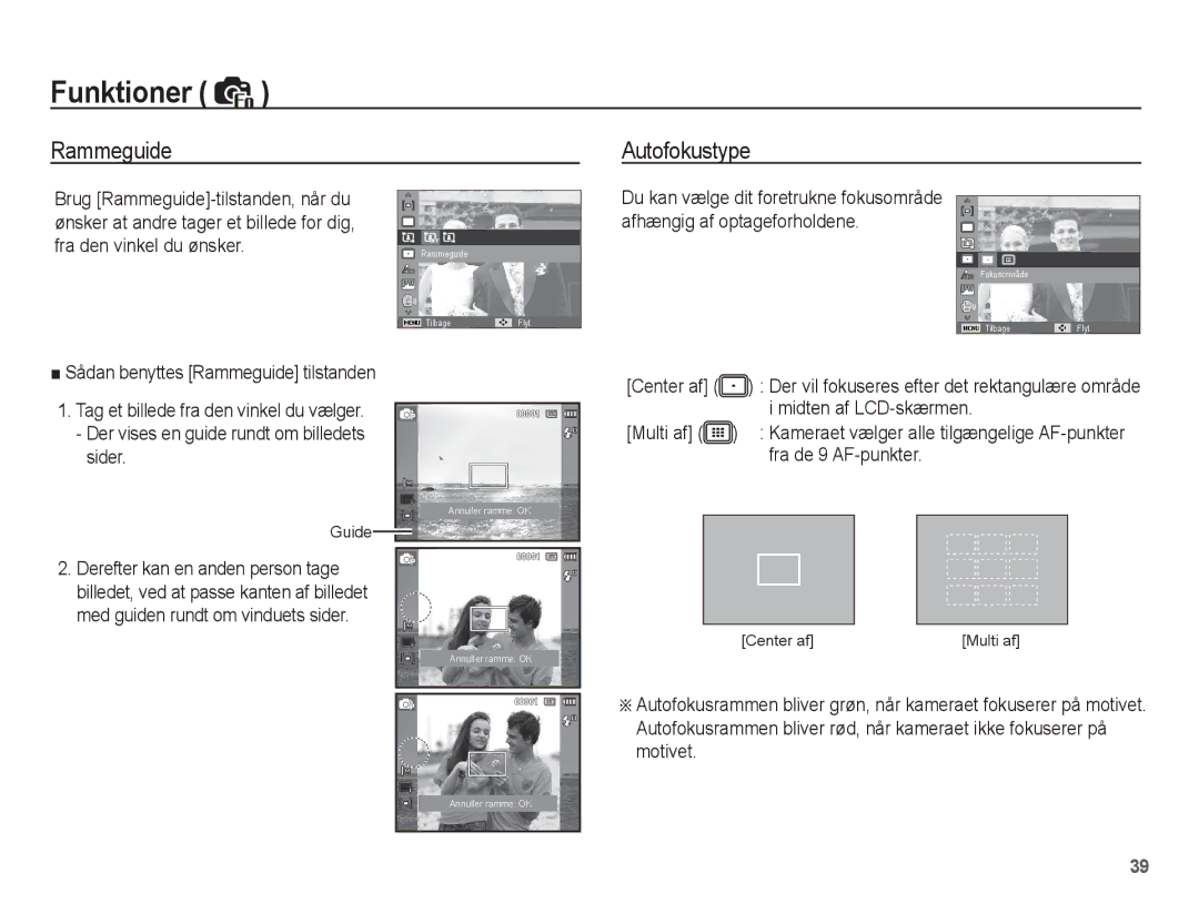 Samsung EC-ST50ZBBP/E2 manual Rammeguide, Autofokustype, Fra de 9 AF-punkter, Kameraet vælger alle tilgængelige AF-punkter 