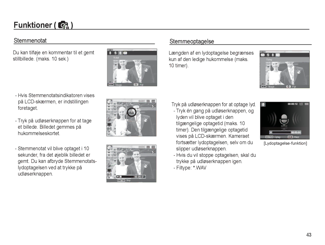 Samsung EC-ST50ZBBP/E2 manual Stemmenotat, Stemmeoptagelse, Kun af den ledige hukommelse maks, Timer, Filtype *.WAV 