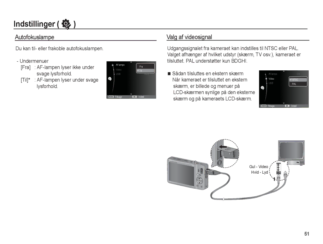 Samsung EC-ST50ZBBP/E2 manual Autofokuslampe Valg af videosignal, Du kan til- eller frakoble autofokuslampen Undermenuer 