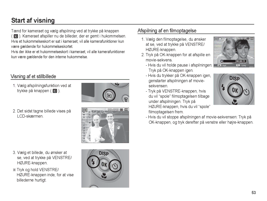 Samsung EC-ST50ZRBP/E2, EC-ST50ZBBP/E2 manual Start af visning, Visning af et stillbillede, Afspilning af en filmoptagelse 