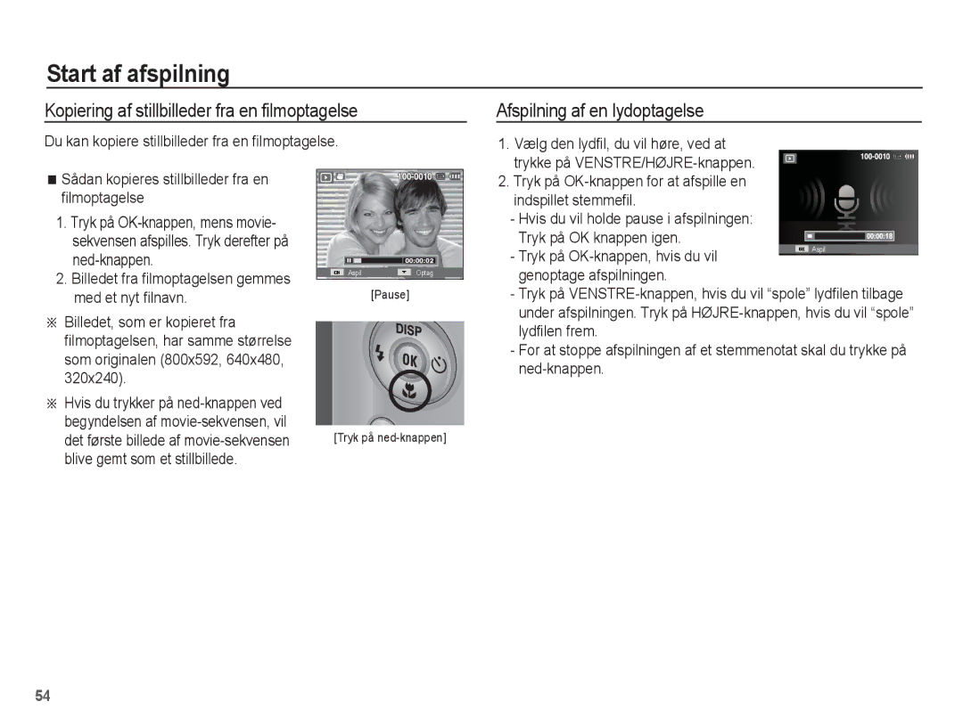 Samsung EC-ST50ZUBP/E2 Start af afspilning, Kopiering af stillbilleder fra en filmoptagelse, Afspilning af en lydoptagelse 