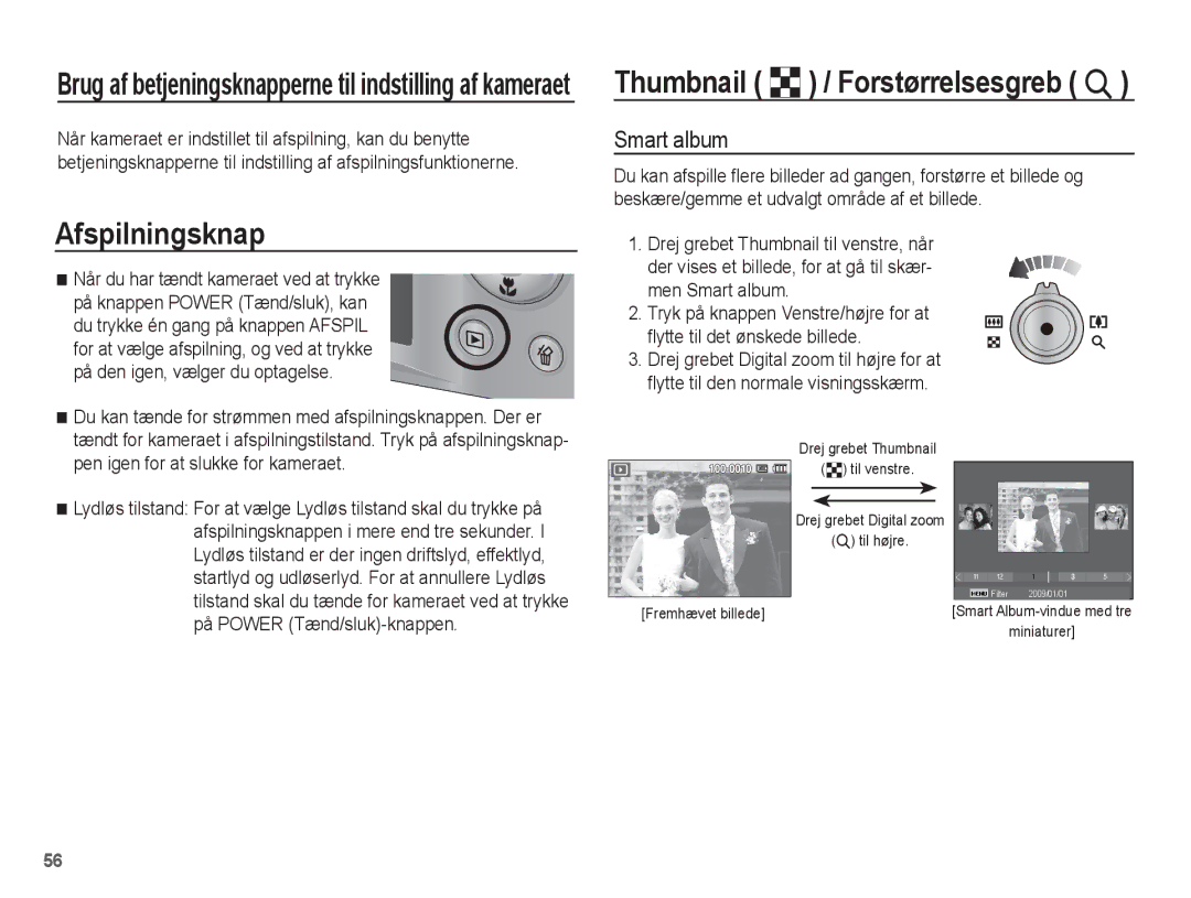 Samsung EC-ST50ZSBP/E2, EC-ST50ZBBP/E2, EC-ST50ZRBP/E2, EC-ST50ZUBP/E2 manual Afspilningsknap, Smart album 