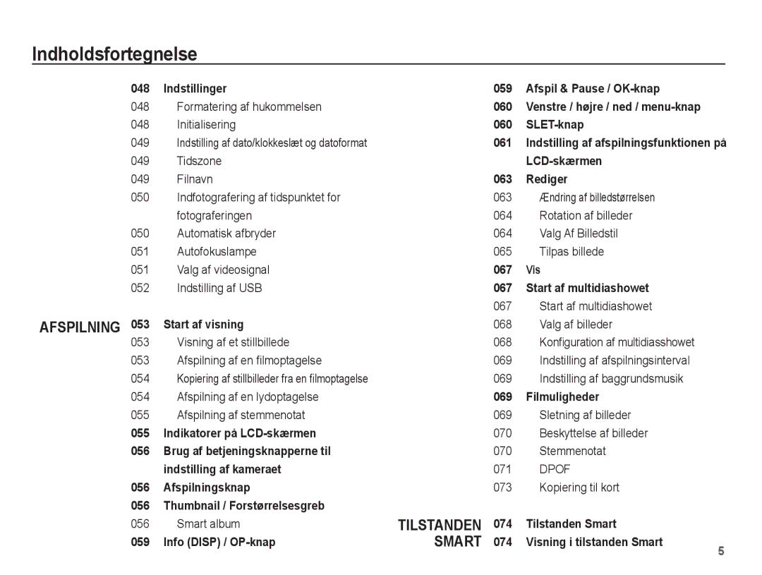 Samsung EC-ST50ZRBP/E2 Formatering af hukommelsen Initialisering, Tidszone Filnavn, Smart album, 069, Kopiering til kort 