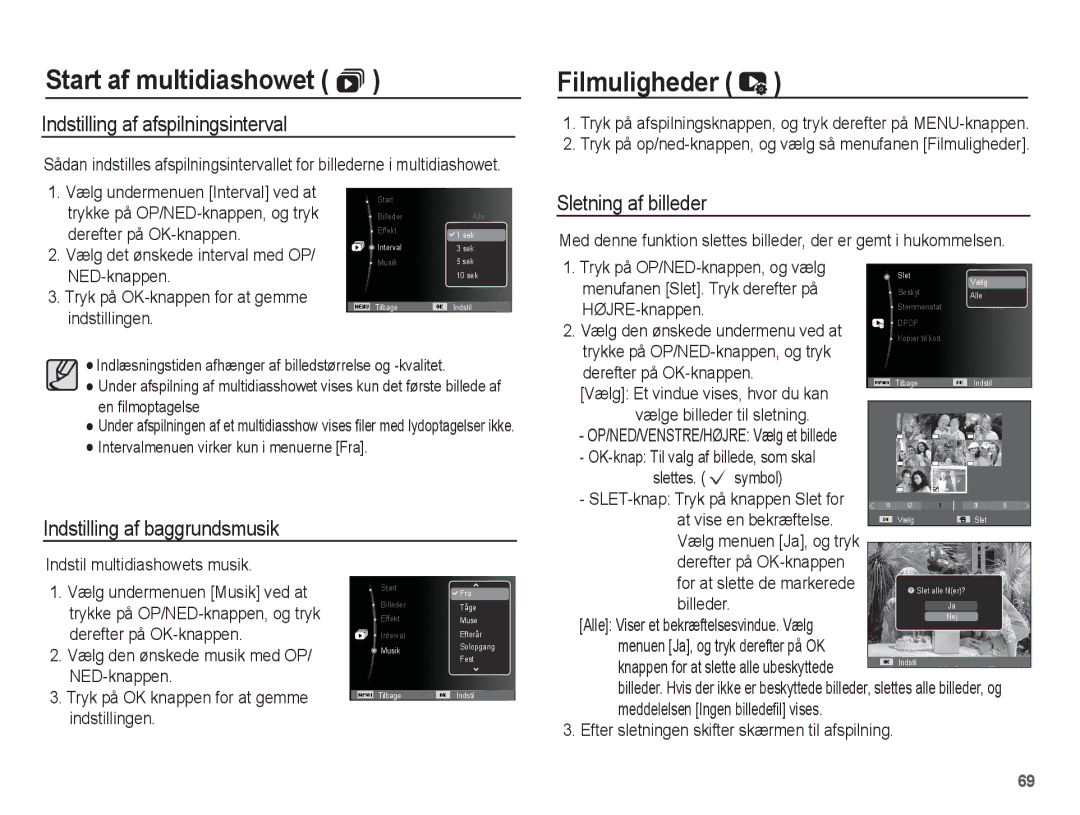 Samsung EC-ST50ZRBP/E2, EC-ST50ZBBP/E2 manual Filmuligheder, Indstilling af afspilningsinterval, Sletning af billeder 