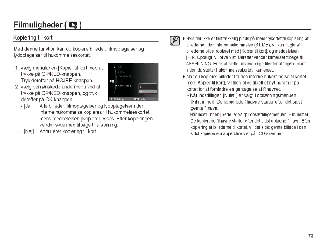 Samsung EC-ST50ZRBP/E2, EC-ST50ZBBP/E2 manual Kopiering til kort, Trykke på OP/NED-knappen, Tryk derefter på HØJRE-knappen 