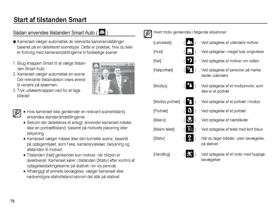 Samsung EC-ST50ZSBP/E2 manual Sådan anvendes tilstanden Smart Auto, Brug knappen Smart til at vælge tilstan- den Smart Auto 