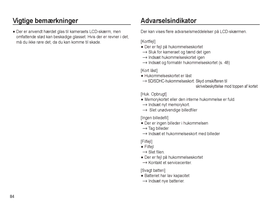 Samsung EC-ST50ZSBP/E2, EC-ST50ZBBP/E2 Indsæt og formatér hukommelseskortet s, Slet filen, Svagt batteri, Filfejl Filfejl 