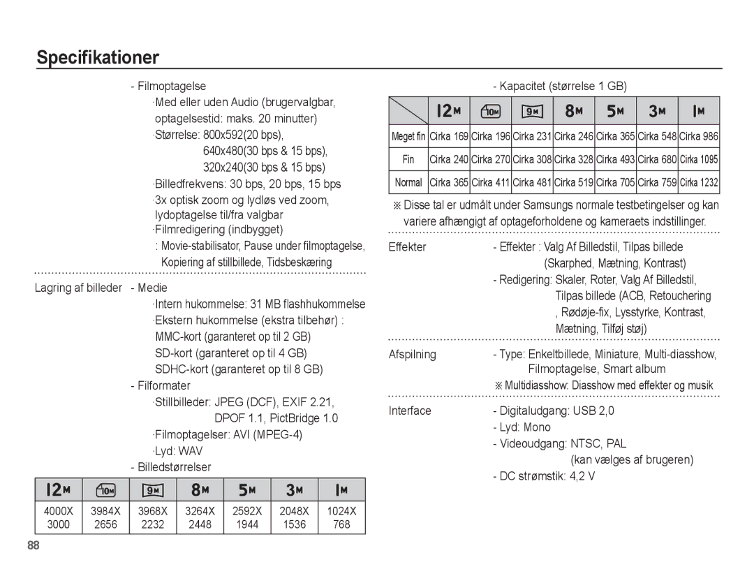 Samsung EC-ST50ZSBP/E2 manual Filmoptagelse, Medie, Filformater, Dpof 1.1, PictBridge, ·Lyd WAV Billedstørrelser, Effekter 