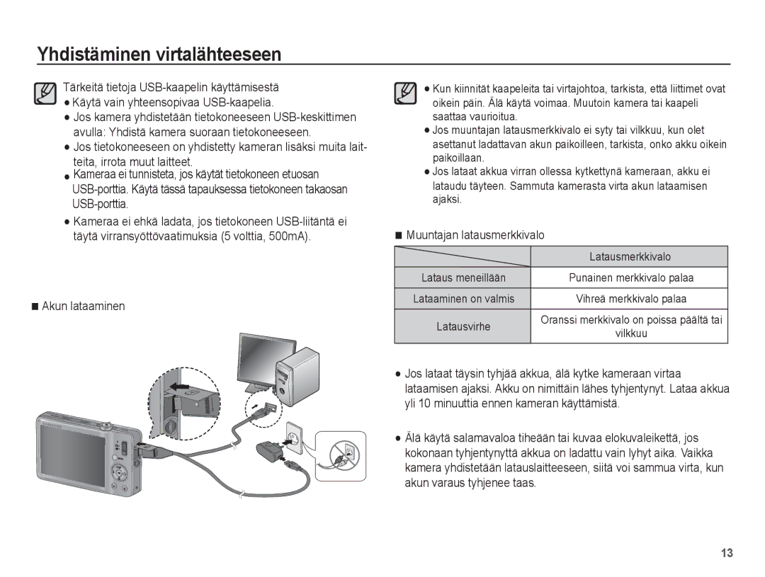 Samsung EC-ST50ZRBP/E2, EC-ST50ZBBP/E2, EC-ST50ZSBP/E2 manual Akun lataaminen, Muuntajan latausmerkkivalo, Latausmerkkivalo 