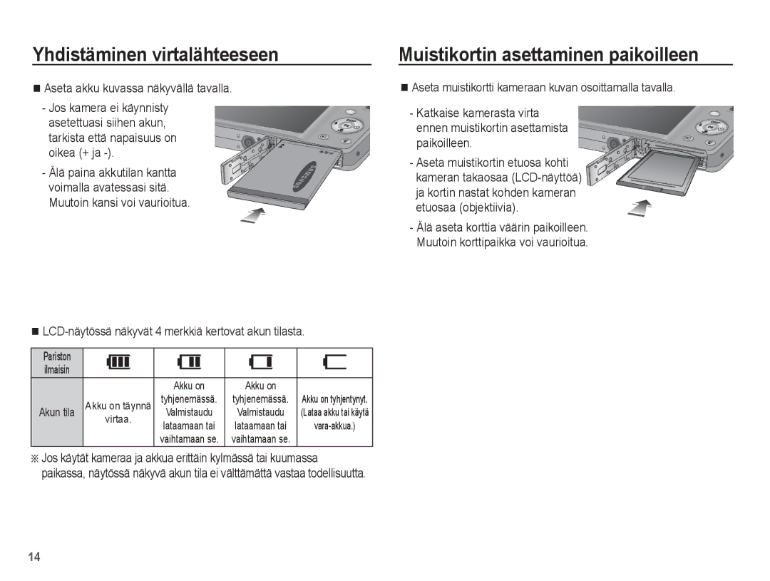 Samsung EC-ST50ZUBP/E2 manual Muistikortin asettaminen paikoilleen, Aseta akku kuvassa näkyvällä tavalla, Akun tila 