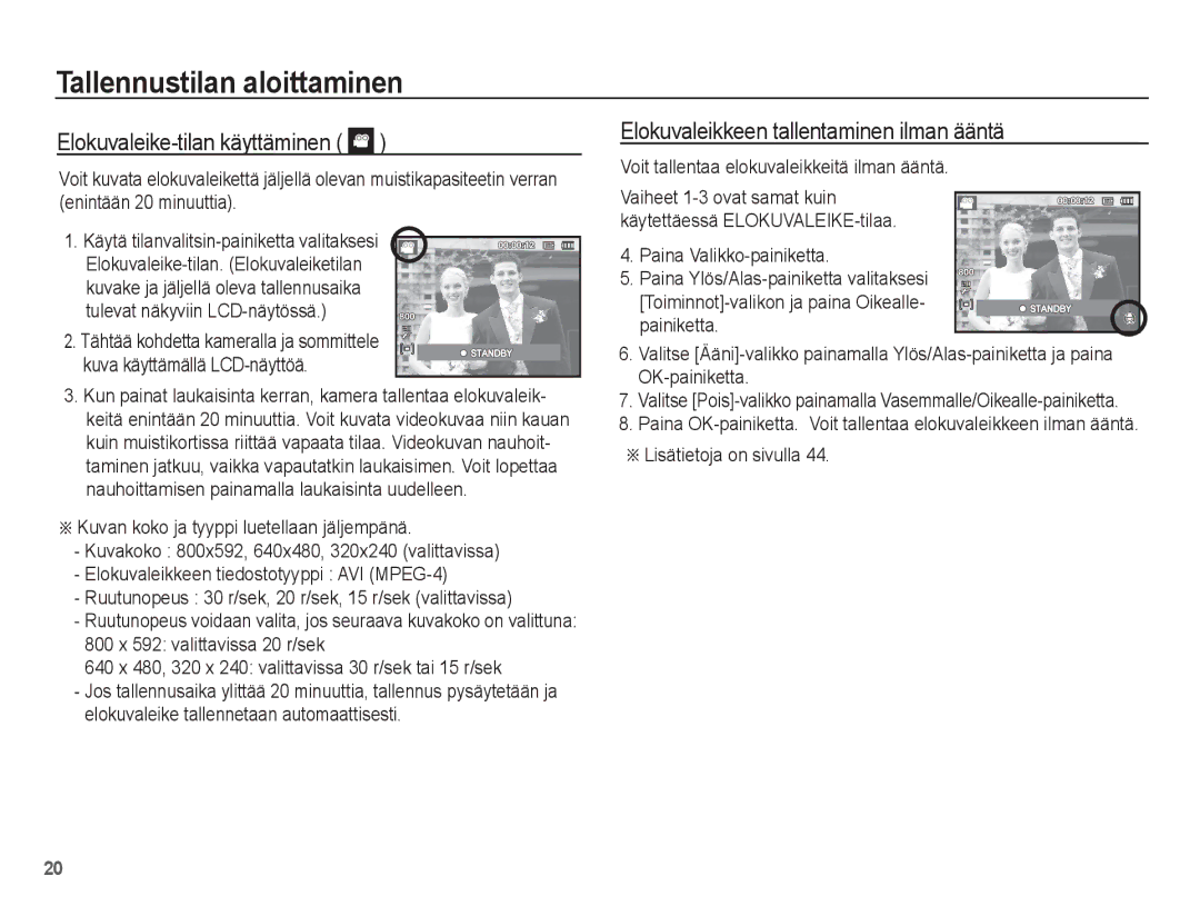 Samsung EC-ST50ZSBP/E2 Elokuvaleike-tilan käyttäminen, Elokuvaleikkeen tallentaminen ilman ääntä, Lisätietoja on sivulla 