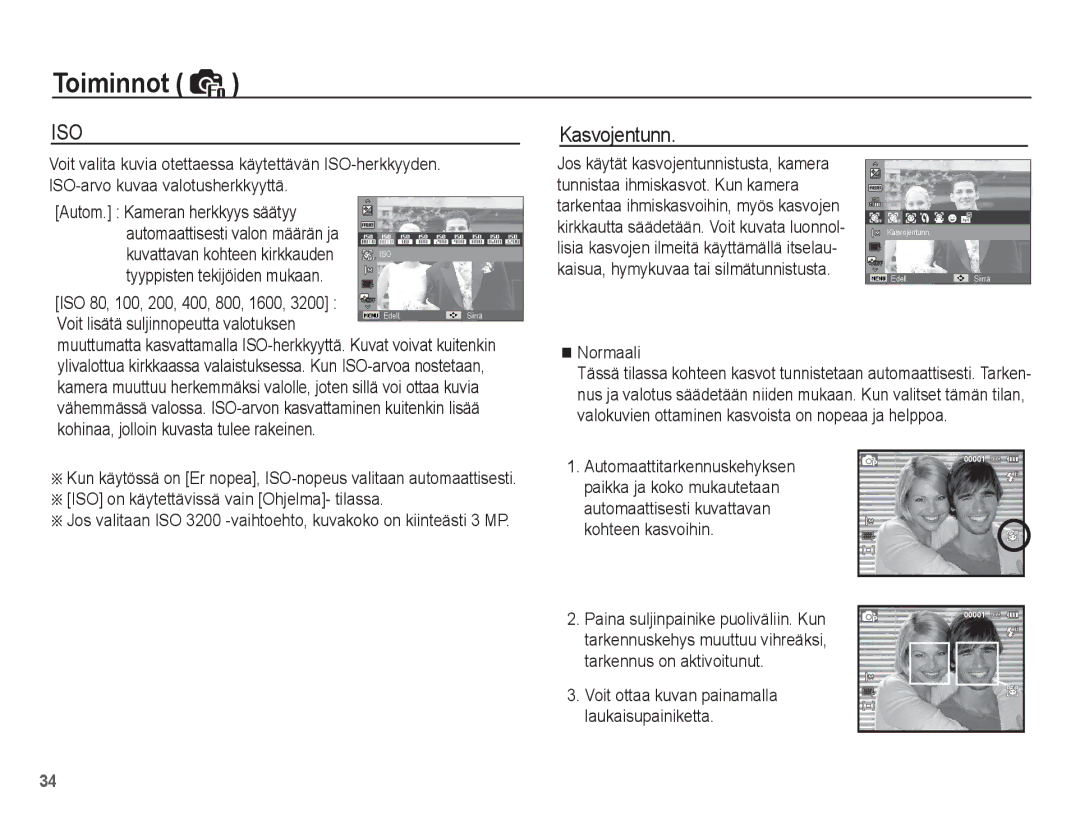 Samsung EC-ST50ZUBP/E2, EC-ST50ZBBP/E2, EC-ST50ZSBP/E2, EC-ST50ZRBP/E2 manual Kasvojentunn 