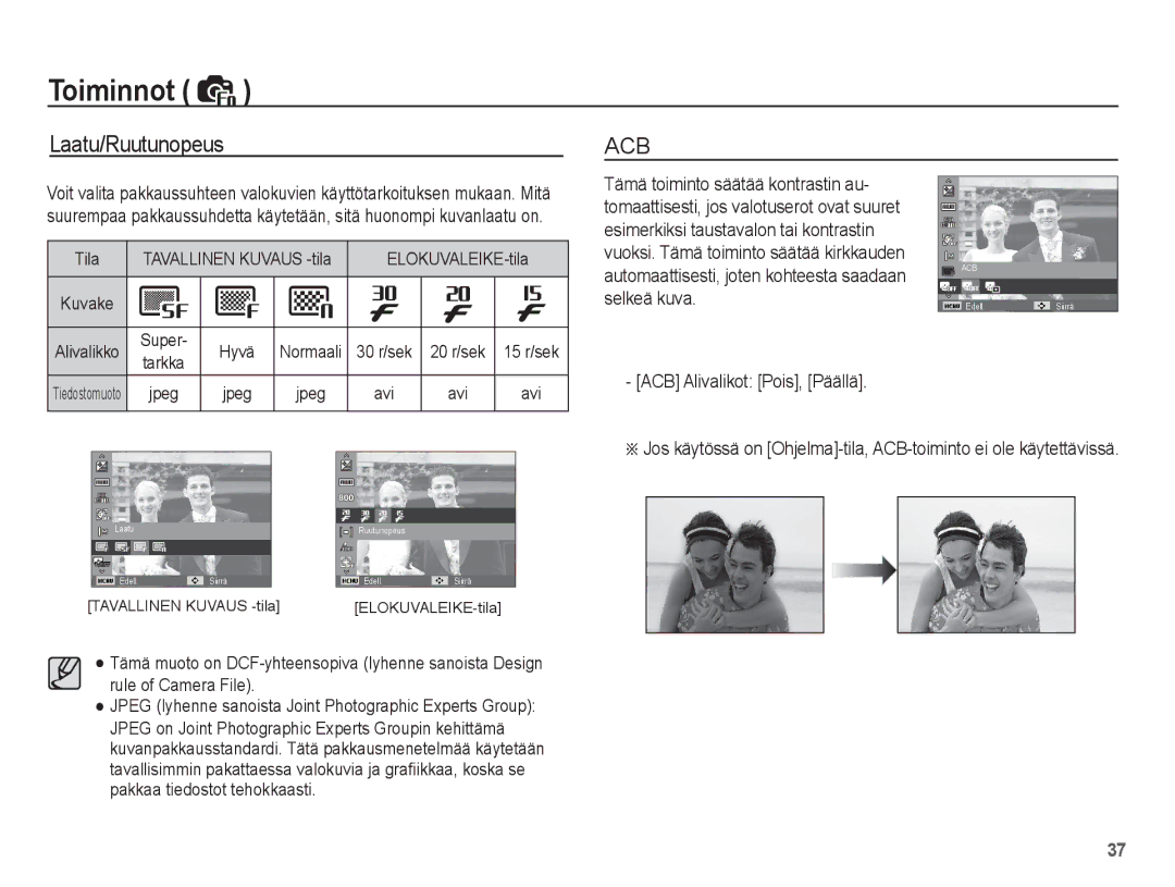 Samsung EC-ST50ZRBP/E2 manual Laatu/Ruutunopeus, ACB Alivalikot Pois, Päällä, Super Hyvä Normaali, Tarkka, Jpeg Avi 