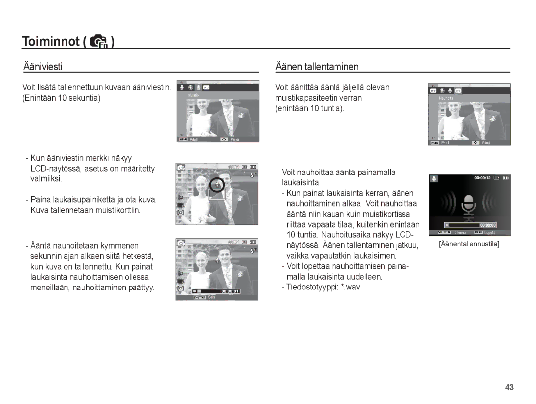 Samsung EC-ST50ZBBP/E2, EC-ST50ZSBP/E2, EC-ST50ZRBP/E2, EC-ST50ZUBP/E2 manual Ääniviesti, Äänen tallentaminen 