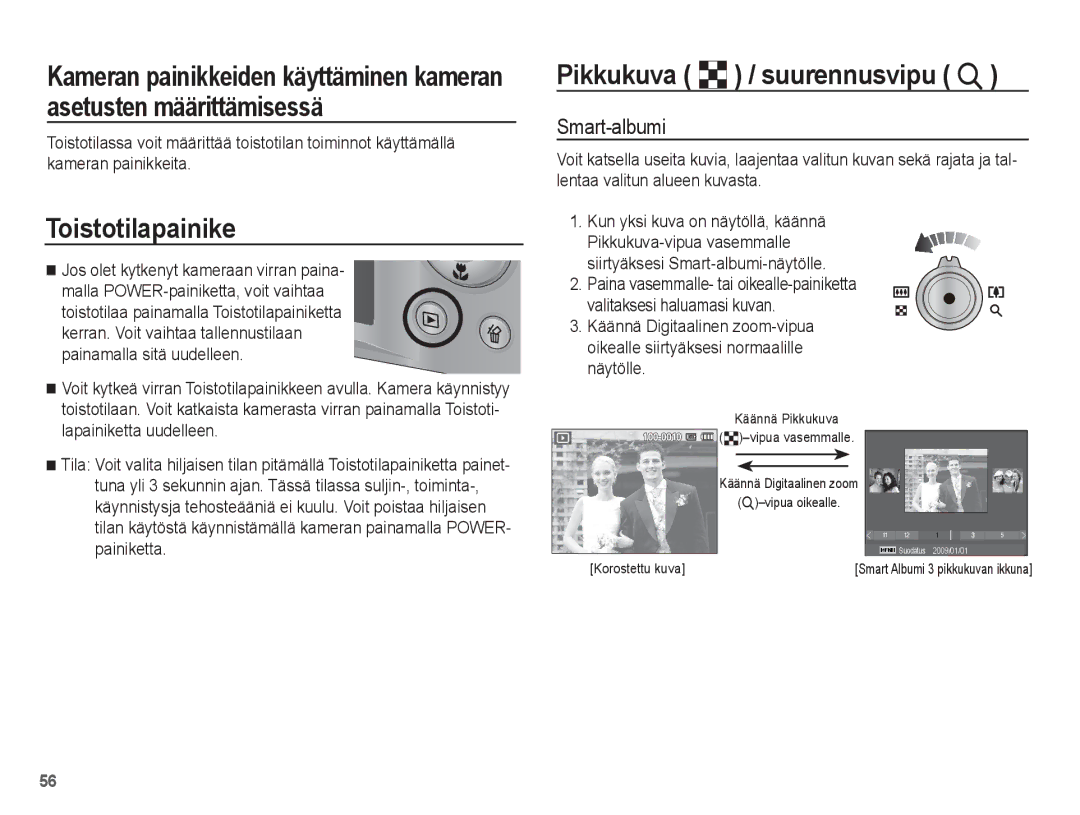 Samsung EC-ST50ZSBP/E2, EC-ST50ZBBP/E2, EC-ST50ZRBP/E2 manual Toistotilapainike, Pikkukuva º / suurennusvipu í, Smart-albumi 