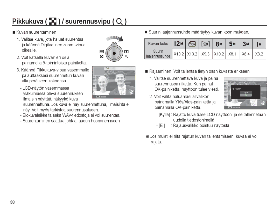 Samsung EC-ST50ZUBP/E2 Kuvan suurentaminen, Rajaaminen Voit tallentaa tietyn osan kuvasta erikseen, X10.2 X9.3 X8.1 X6.4 