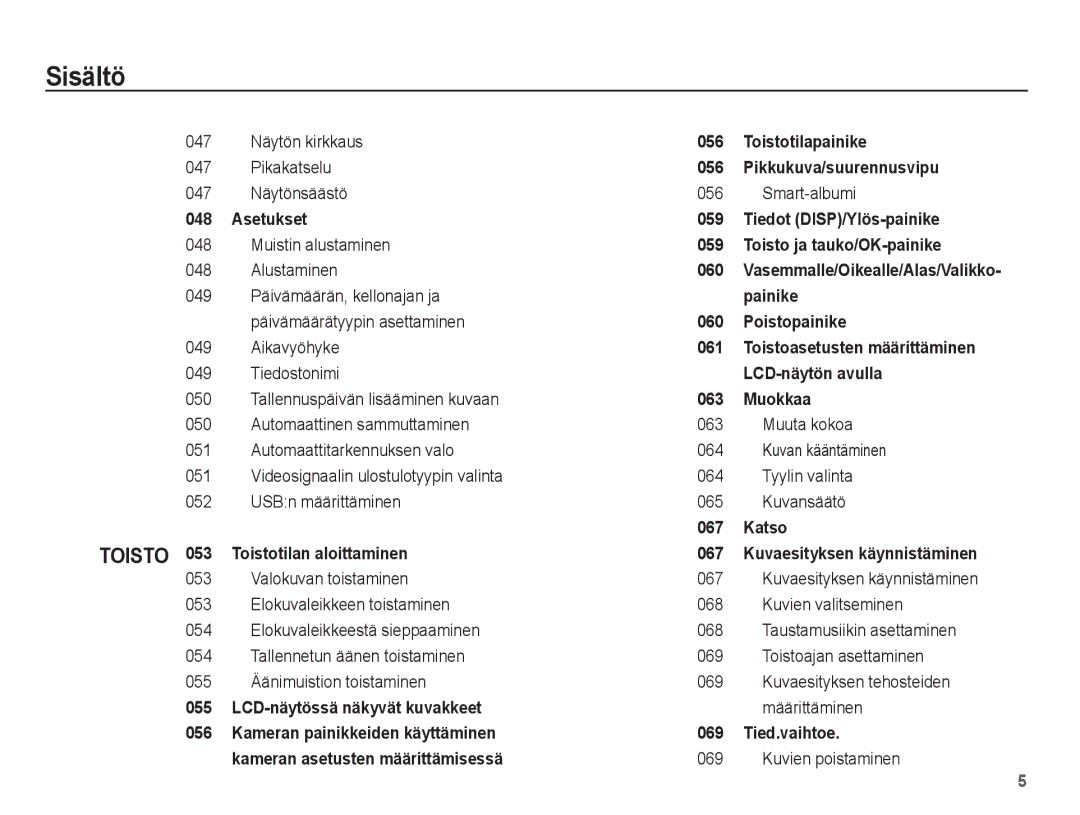 Samsung EC-ST50ZRBP/E2 manual 047 Näytön kirkkaus, Pikakatselu, 047 Näytönsäästö 056 Smart-albumi, Muistin alustaminen 