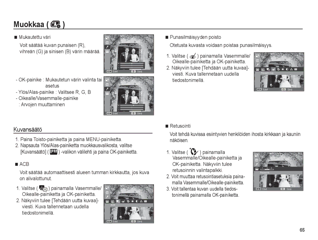 Samsung EC-ST50ZRBP/E2 manual Mukautettu väri, Oikealle-painiketta ja OK-painiketta, Viesti. Kuva tallennetaan uudella 