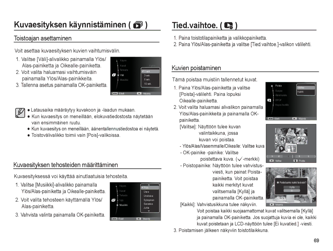 Samsung EC-ST50ZRBP/E2 Tied.vaihtoe, Toistoajan asettaminen, Kuvaesityksen tehosteiden määrittäminen, Kuvien poistaminen 