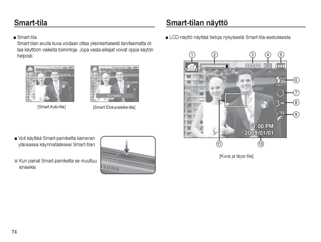 Samsung EC-ST50ZUBP/E2 manual Smart-tilan näyttö, ÄKun painat Smart-painiketta se muuttuu siniseksi, Smart Auto-tila 