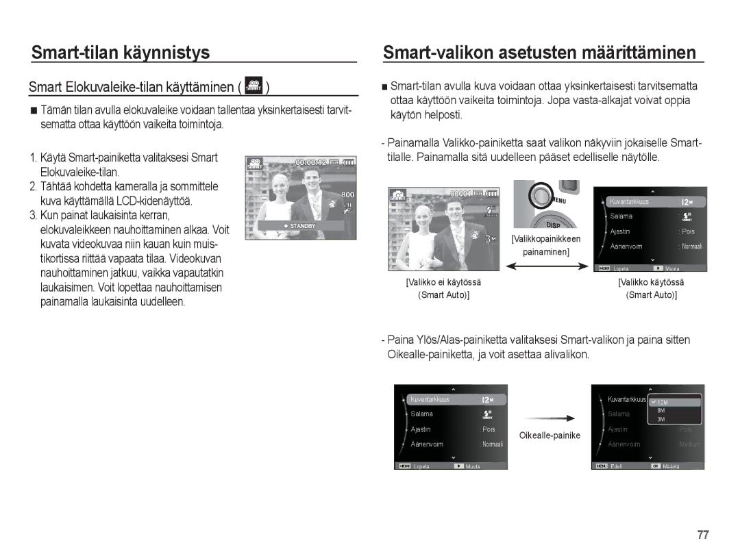 Samsung EC-ST50ZRBP/E2, EC-ST50ZBBP/E2 manual Smart-valikon asetusten määrittäminen, Smart Elokuvaleike-tilan käyttäminen 