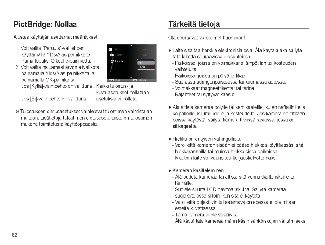 Samsung EC-ST50ZUBP/E2, EC-ST50ZBBP/E2 manual PictBridge Nollaa, Tärkeitä tietoja, Alustaa käyttäjän asettamat määritykset 