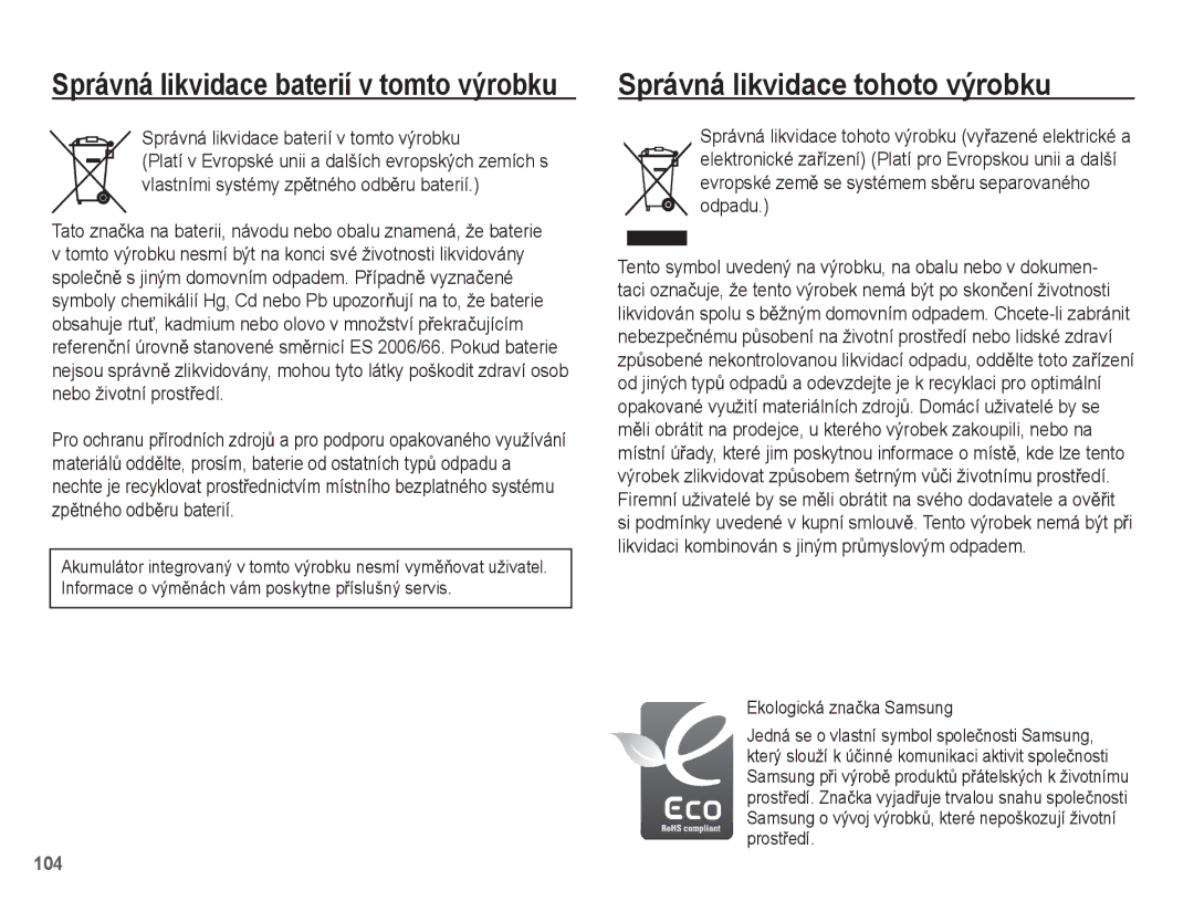 Samsung EC-ST50ZRBP/E3, EC-ST50ZBBP/E3 manual Správná likvidace tohoto výrobku, Správná likvidace baterií v tomto výrobku 