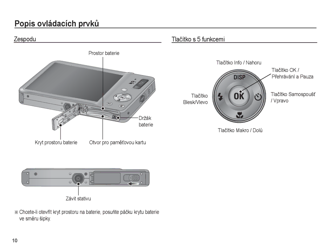 Samsung EC-ST50ZSBP/E3, EC-ST50ZBBP/E3 Zespodu Tlaþítko s 5 funkcemi, Prostor baterie Tlaþítko Info / Nahoru Tlaþítko OK 