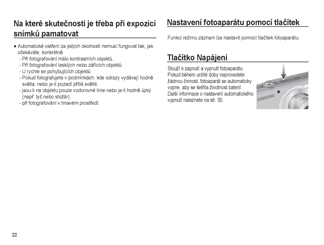 Samsung EC-ST50ZSBP/E3, EC-ST50ZBBP/E3, EC-ST50ZRBP/E3 manual Nastavení fotoaparátu pomocí tlaþítek, Tlaþítko Napájení 