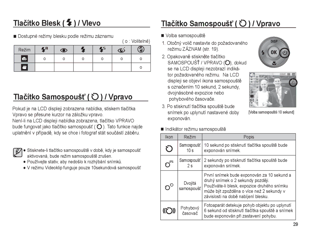 Samsung EC-ST50ZUBP/E3, EC-ST50ZBBP/E3 Tlaþítko SamospoušĢ / Vpravo, Dostupné režimy blesku podle režimu záznamu Volitelné 