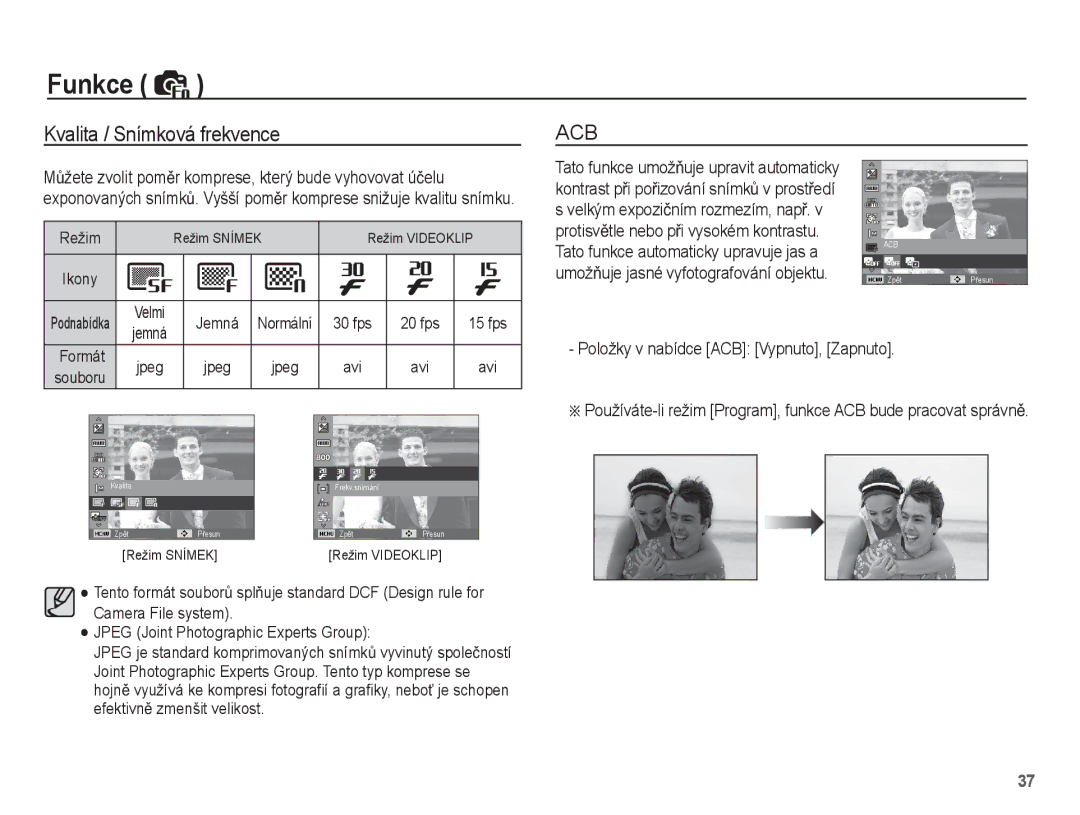 Samsung EC-ST50ZUBP/E3 manual Kvalita / Snímková frekvence, Položky v nabídce ACB Vypnuto, Zapnuto, Jemná Normální 30 fps 