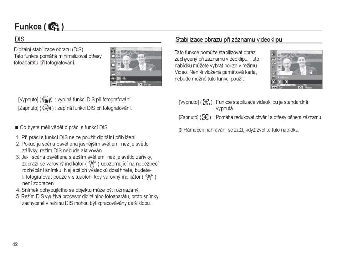 Samsung EC-ST50ZSBP/E3, EC-ST50ZBBP/E3 manual Stabilizace obrazu pĜi záznamu videoklipu, Digitální stabilizace obrazu DIS 