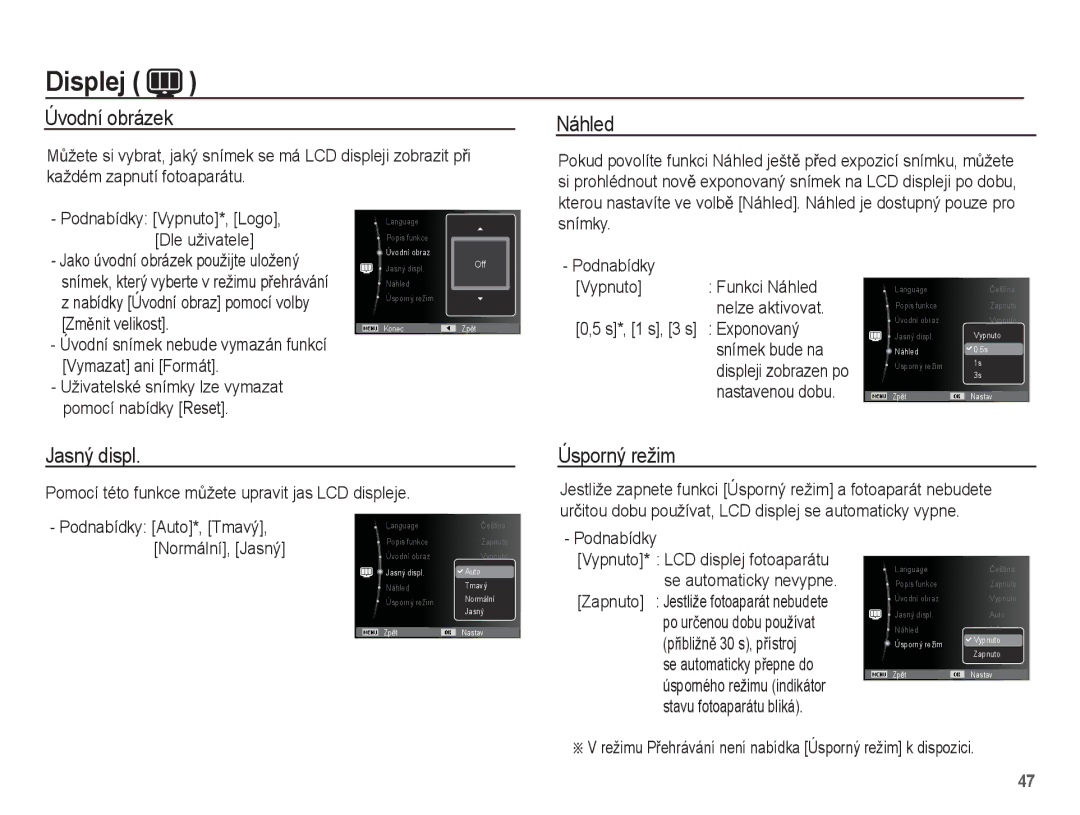 Samsung EC-ST50ZBBP/E3, EC-ST50ZRBP/E3, EC-ST50ZUBP/E3, EC-ST50ZSBP/E3 manual Jasný displ, Úsporný režim 