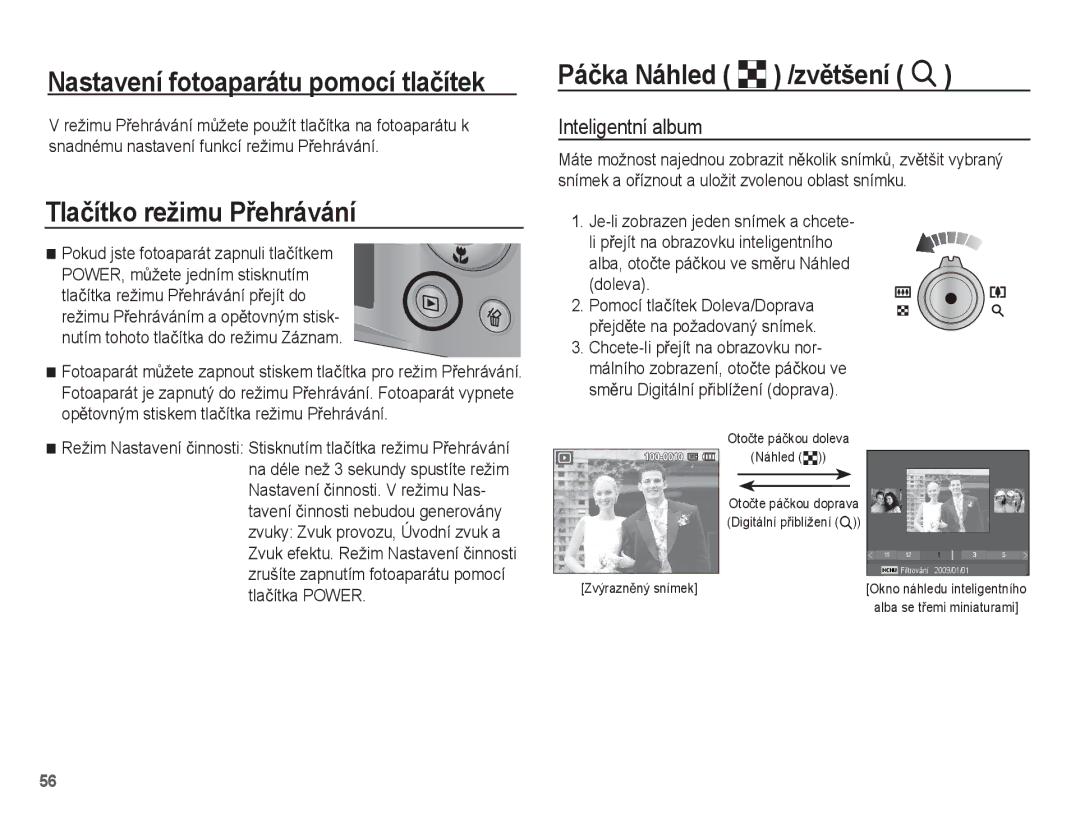 Samsung EC-ST50ZRBP/E3, EC-ST50ZBBP/E3 manual Tlaþítko režimu PĜehrávání, Páþka Náhled º /zvČtšení í, Inteligentní album 