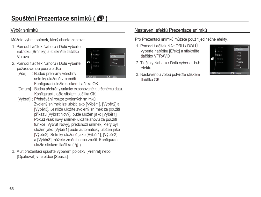 Samsung EC-ST50ZRBP/E3 manual VýbČr snímkĤ, Nastavení efektĤ Prezentace snímkĤ, MĤžete vybrat snímek, který chcete zobrazit 